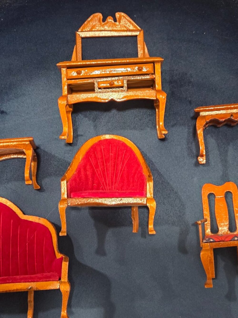 Victorian dollhouse parlor set, rich red velvet upholstery carved wooden frames